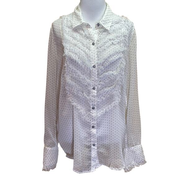 Free People Sheer White Polka Dot Ruffle Button Up Blouse Size Medium - Picture 1 of 11